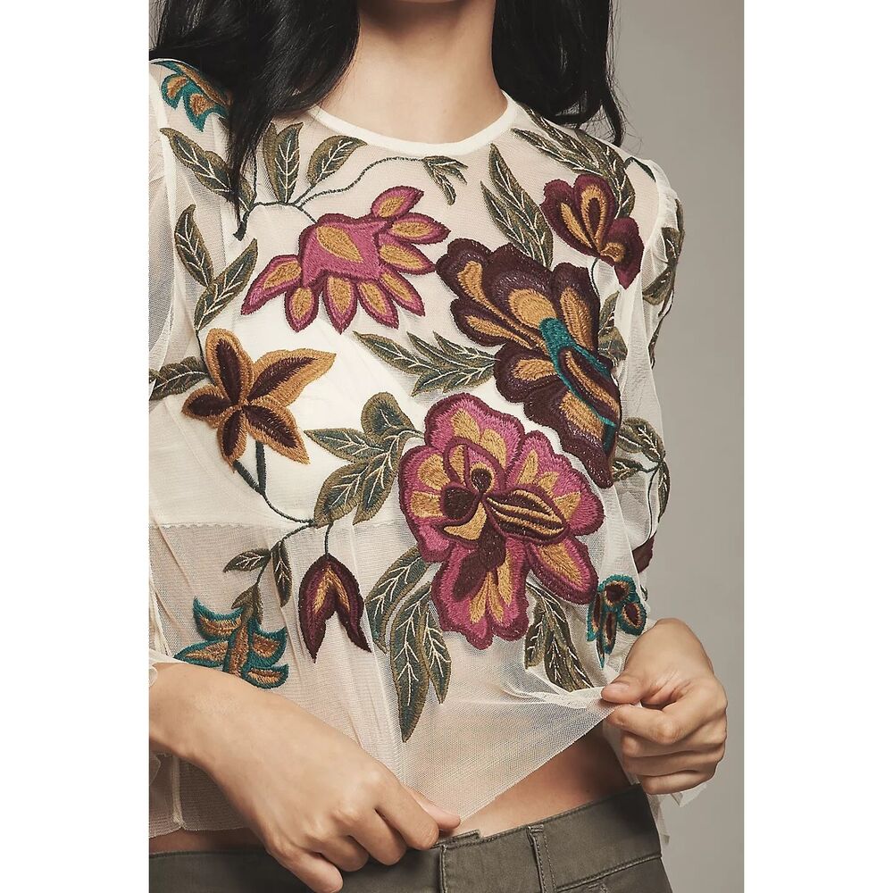 Anthropologie The Layla Long-Sleeve Appliqué Mesh Blouse Size S - Picture 3 of 9
